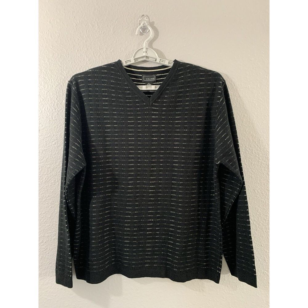 Cezani Men's Wool Blend Black Striped  V-Neck Pullover Sweater Size XL EUC‎
